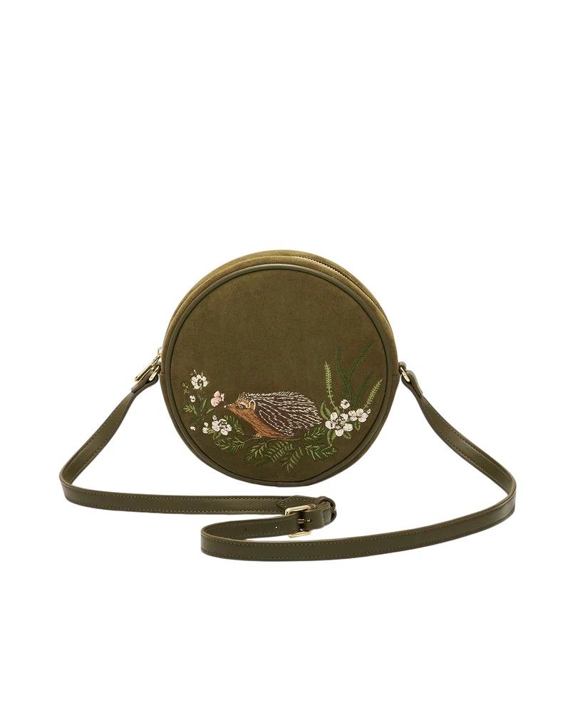Chloe Hedgehog Embroidered Faux Suede Circle Bag in Khaki
