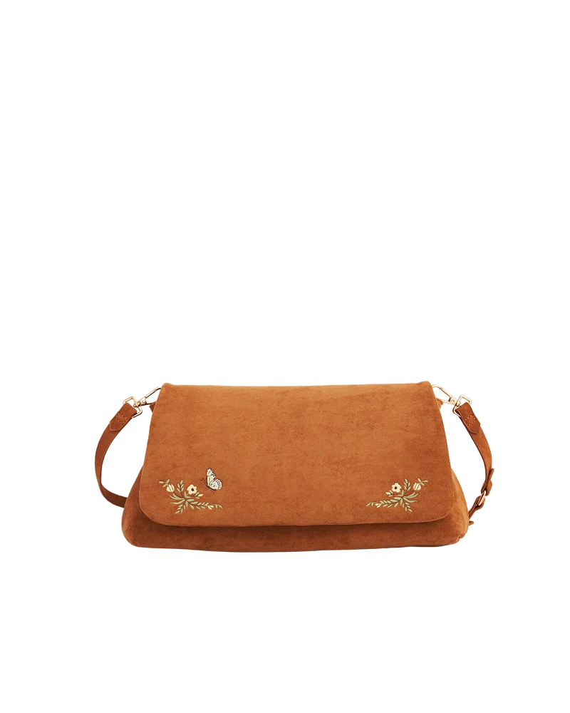 Tan Floral Embroidered Shoulder Bag