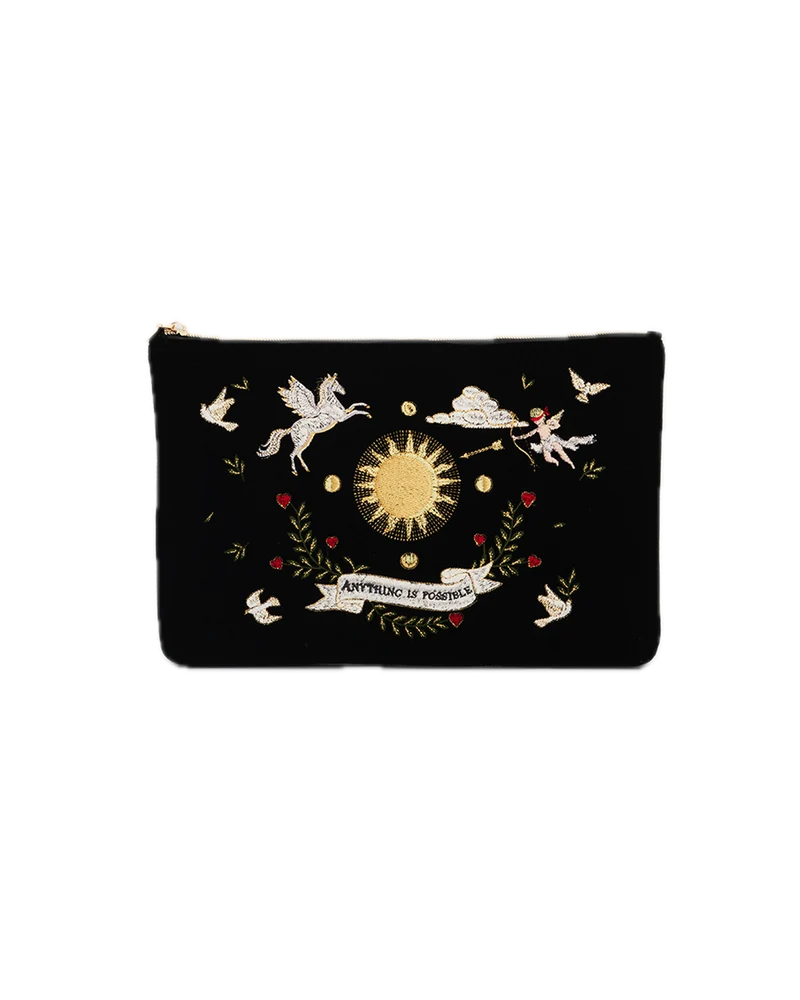 Black Celestial Velvet Embroidered Pouch