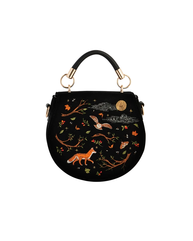 Black Fox & Owl Embroidered Top Handle Saddle Bag
