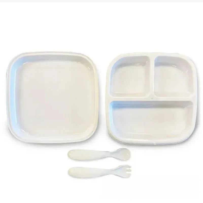Set Assiette en silicone avec cuillères - Assiette pour bébé - set de vaisselle pour enfant blanc